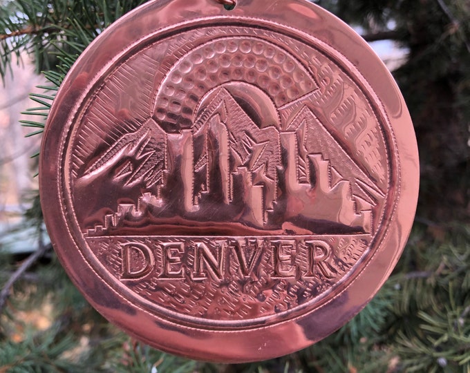 Handcrafted Hammered Copper Denver Skyline w/ Mountains Christmas Tree Ornament