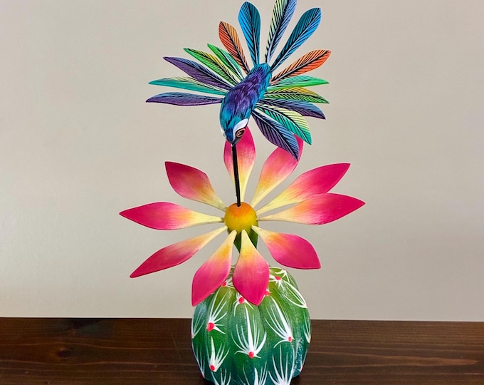 Handcrafted Alebrije Flowering Cactus with Hummingbird Woodcarving from Oaxaca, Mexico