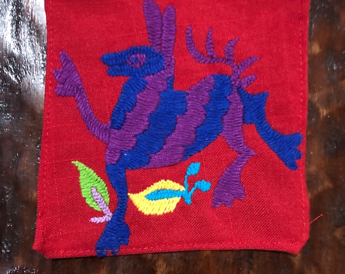 Otomi hand embroidered muslin coaster/cocktail napkin/frame-able art with multicolor animal design approx.  (4.5” x 4.5”)