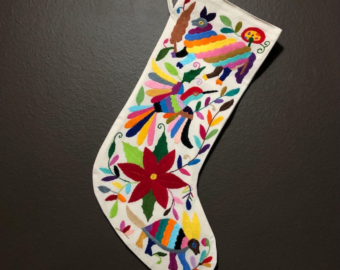 Hand Embroidered Otomi Large Christmas Stocking with Multicolor Embroidery from Hidalgo, Mexico (Off-White Cotton)