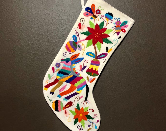 Hand Embroidered Otomi Large Christmas Stocking with Multicolor Embroidery from Hidalgo, Mexico (Off-White Cotton)