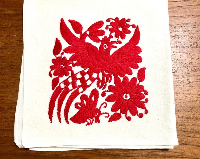 Otomi hand embroidered approx. 17” x 17" muslin napkin - with red bird