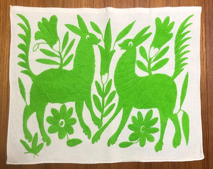 Hand Embroidered Otomi Placemat: Mexican Folk Art (17" x 13") - Lime Green