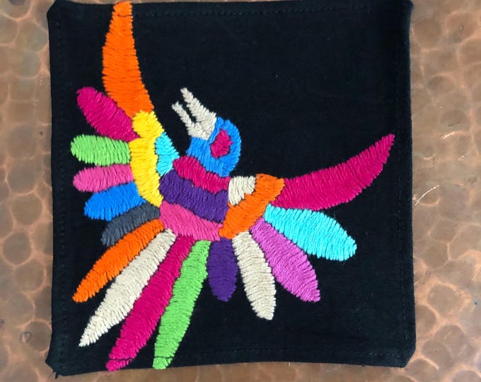 Otomi hand embroidered muslin coaster/cocktail napkin/frame-able art with multicolor bird design approx.  (4.5” x 4.5”)