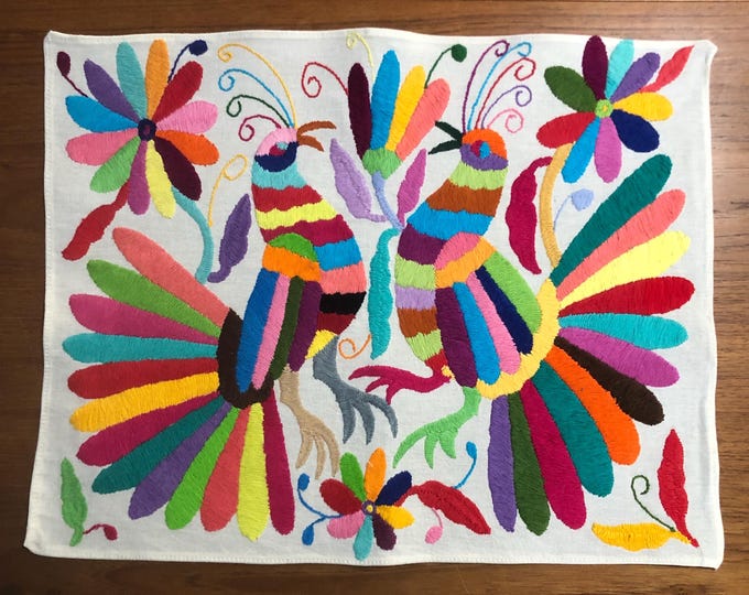 Hand Embroidered Otomi Placemat: Mexican Folk Art (17" x 13") - Multicolor Embroidery