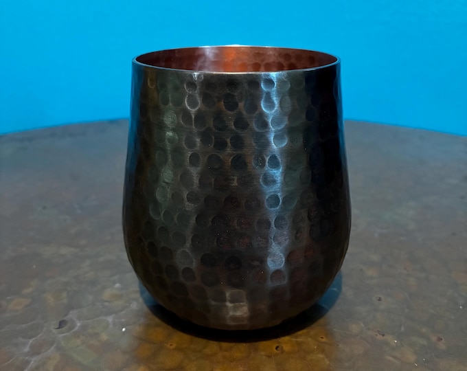 Hammered Solid Copper 14oz Stemless Cup with Brown Patina Finish