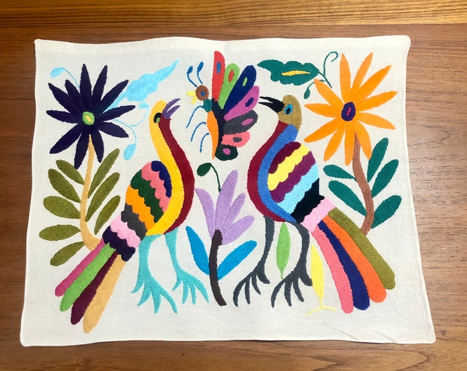 Hand embroidered Otomí placemat/frame-able art (approx. 17” x 13") - multicolor spirit animals and flowers.