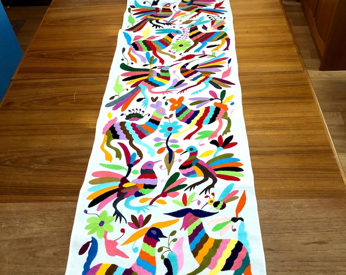 Otomi Hand Embroidered Table Runner / Bed Scarf /  Frame-able Art with Multi-color Embroidery (approx. 74” x 17”)