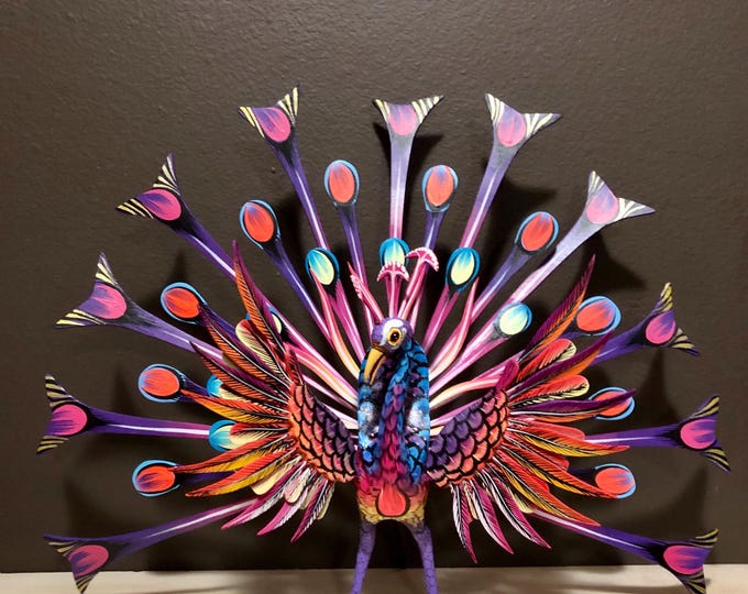 Alebrije Large Peacock Handcrafted Wood Carving by Esperanza Martinez from Oaxaca, Mexico.