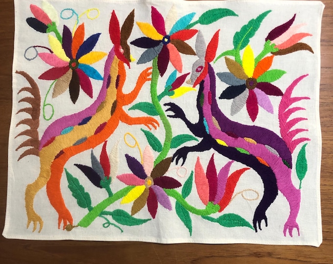 Hand Embroidered Otomi Placemat: Mexican Folk Art (17" x 13") - Multicolor Embroidery