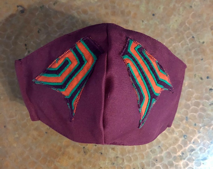 Colombian Face Mask with Traditional Kuna Mola Art Design with filter pocket - burgundy.
