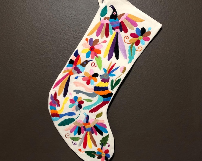 Hand Embroidered Otomi Large Christmas Stocking with Multicolor Embroidery from Hidalgo, Mexico (Off-White Cotton)