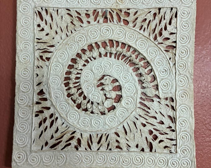 Handmade 8” x 8” Amate Bark Paper Wall Art: Braided Detail, Natural Tones