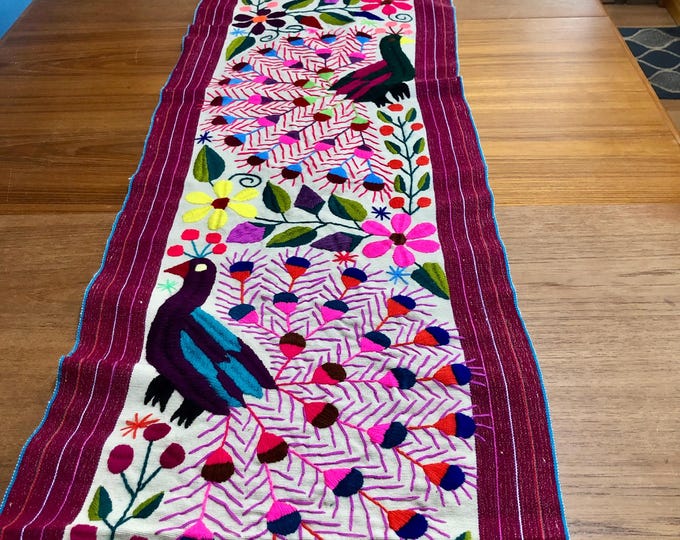 Hand Embroidered Table Runner - White Base and Red Trim with Multicolored Peacocks and Flowers