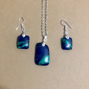 One of a Kind Azurite Stone and Silver Jewelry Set - Pendant and Earrings