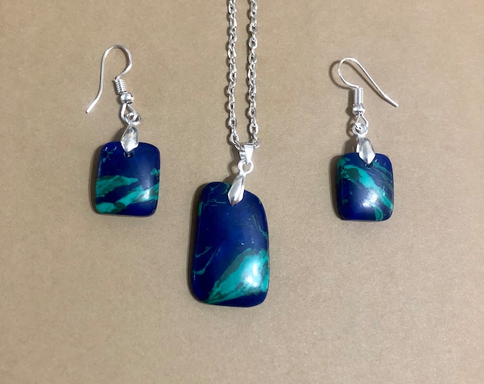 One of a Kind Azurite Stone and Silver Jewelry Set - Pendant and Earrings