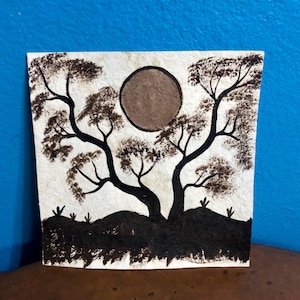 Handmade Amate Paper Wall Art with Tree and Full Moon from Mexico