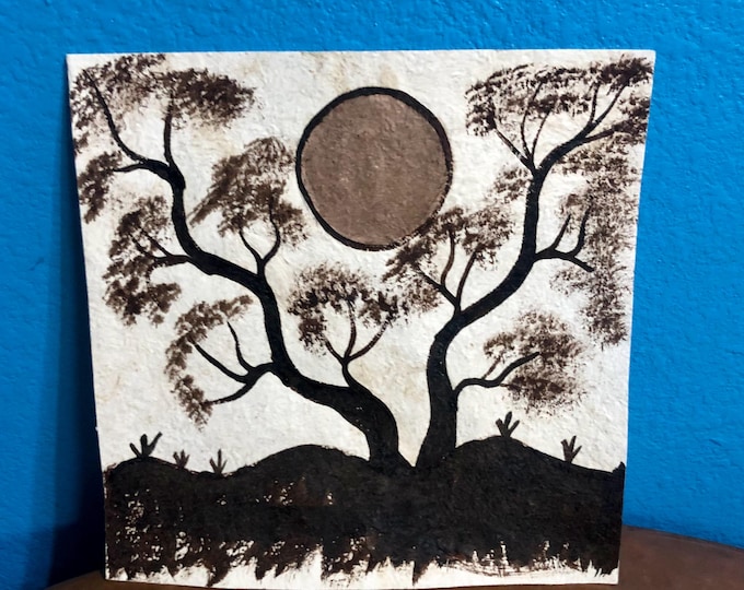 Handmade Amate Paper Wall Art with Tree and Full Moon from Mexico