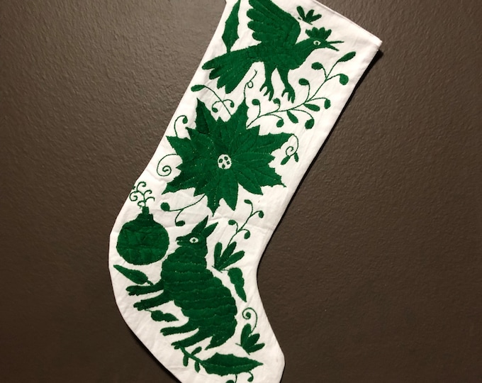 Hand Embroidered (Bright White Cotton) Otomi Large Christmas Stocking with Indigo Blue Embroidery from Hidalgo, Mexico
