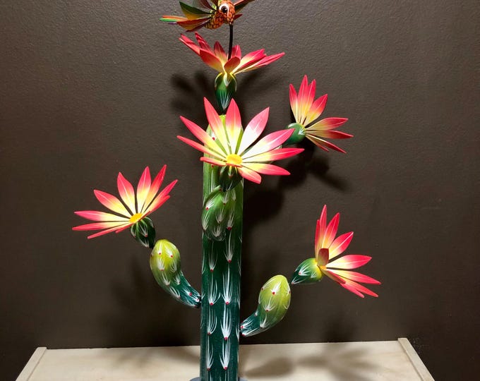 Large Alebrije Flowering Cactus with Hummingbird Woodcarving from Oaxaca, Mexico