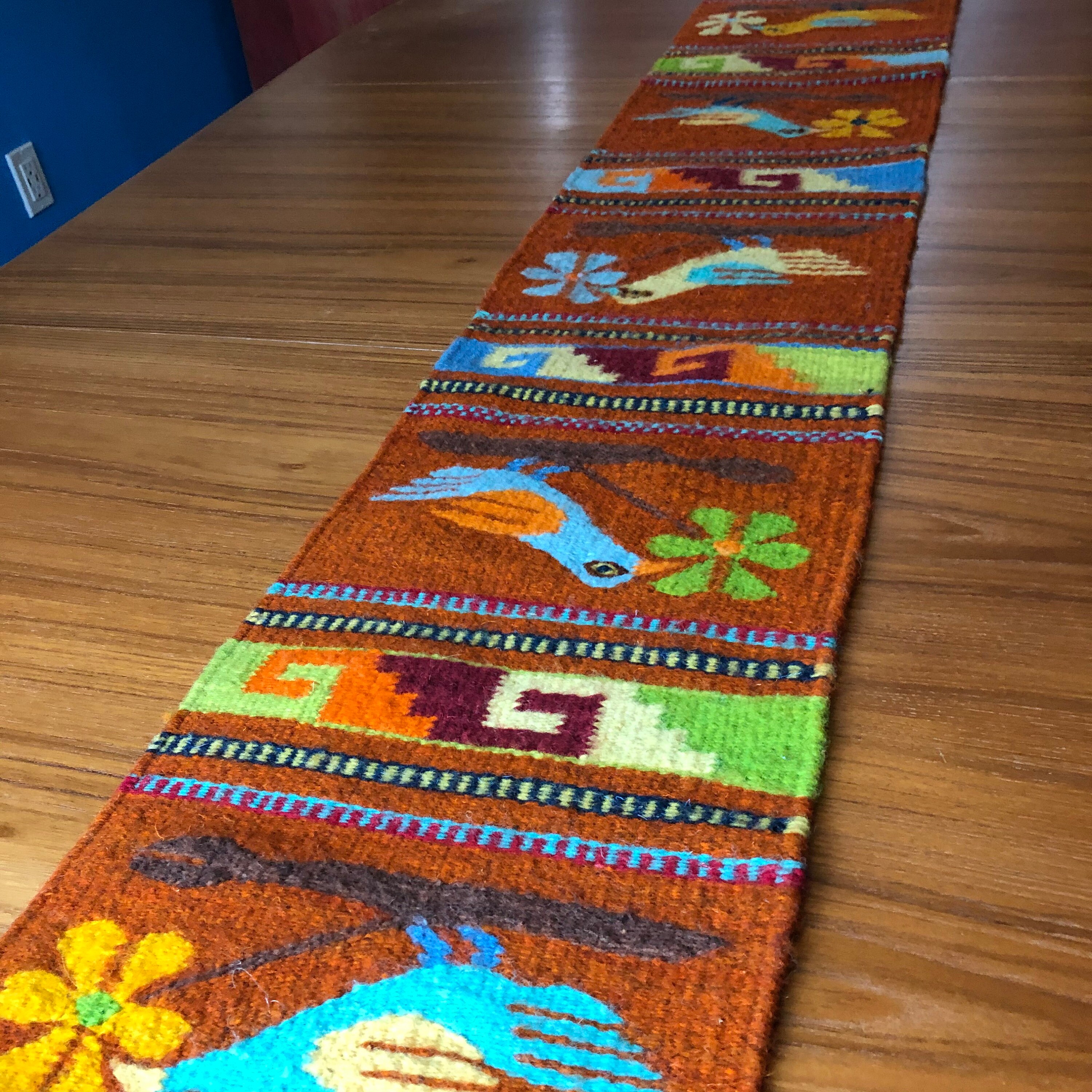 Zapotec hand woven merino wool table runner with birds and flowers 78” x 10