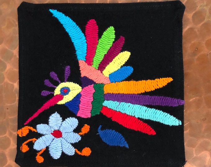 Otomi hand embroidered muslin coaster/cocktail napkin/frame-able art with multicolor bird design approx.  (4.5” x 4.5”)