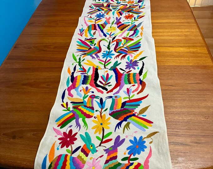 Hand Embroidered Otomi Table Runner: Mexican Folk Art Bed Scarf (75” x 17.5”)