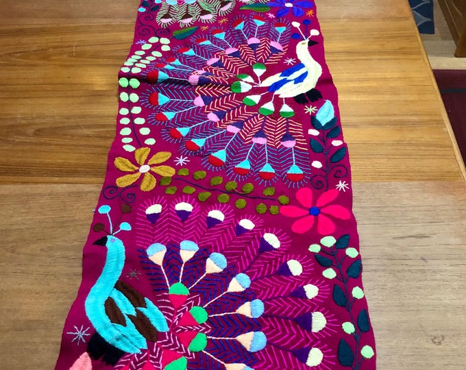 Hand Embroidered Table Runner - Fuchsia Base with Multicolored Peacocks and Flowers
