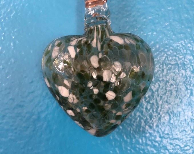 Hand Blown Glass Heart Ornament with Green and White Confetti Design