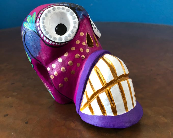 Alebrije Calavera Skull Handcrafted Wood Carving by Luis Garcia from Oaxaca, Mexico.