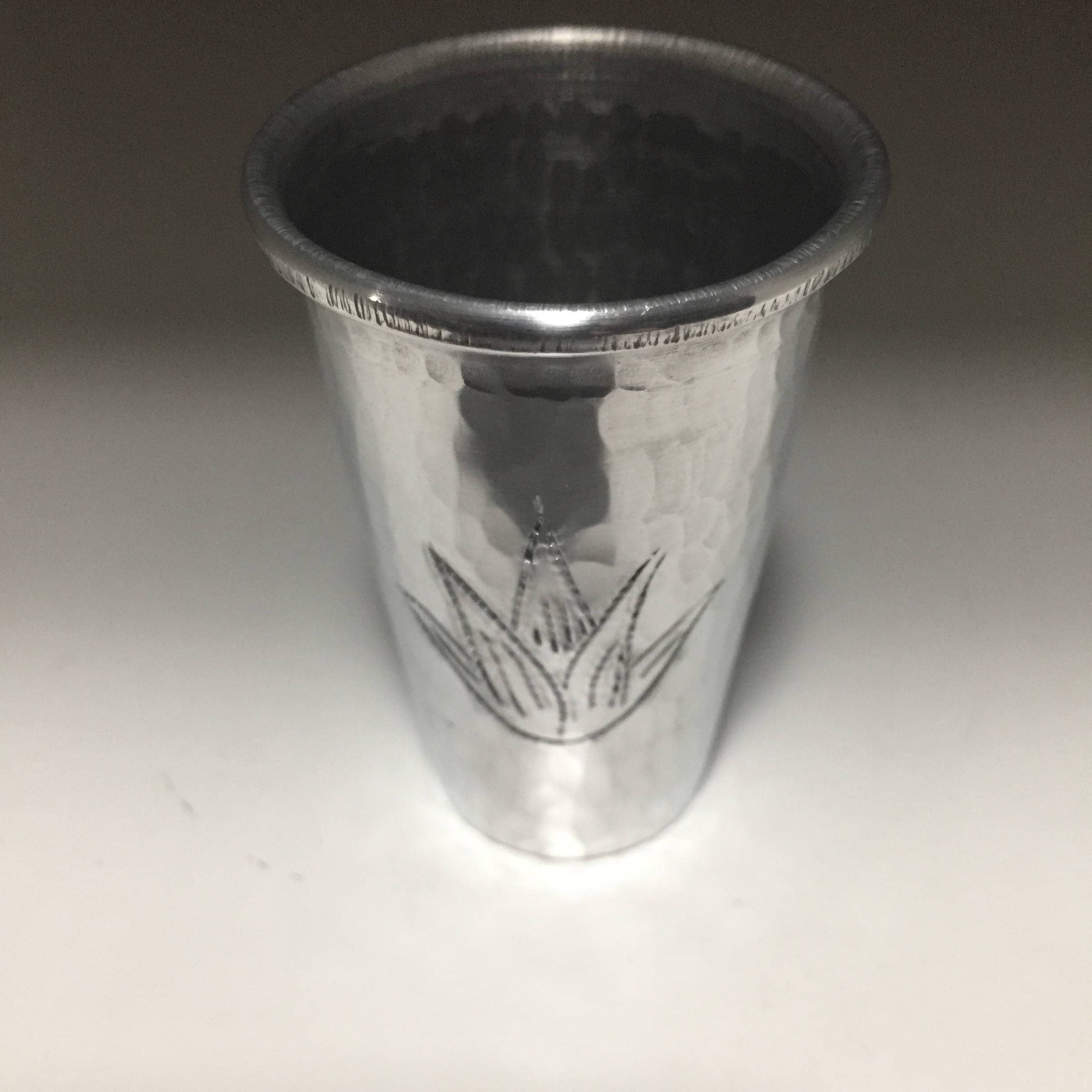 Handcrafted 2oz hammered aluminum shot glass with Agave plant engraving