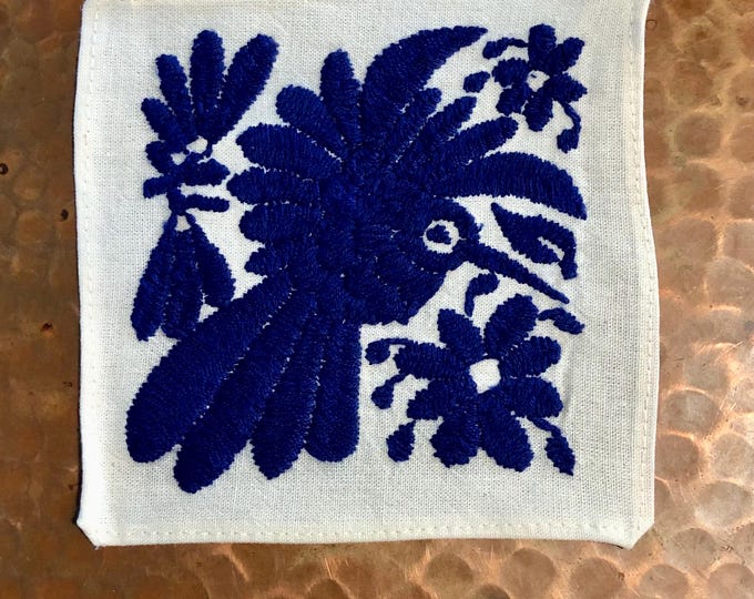 Otomi Hand Embroidered Coaster: Blue Bird & Flowers