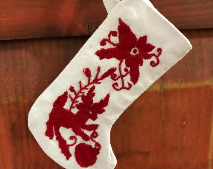 Hand embroidered Otomi Mini Stocking with Red Embroidery from Hidalgo, Mexico.