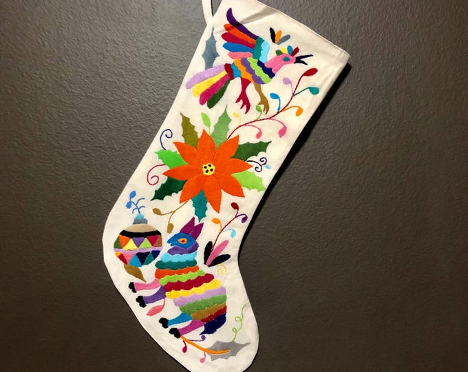 Hand Embroidered Otomi Large Christmas Stocking with Multicolor Embroidery from Hidalgo, Mexico (Off-White Cotton)