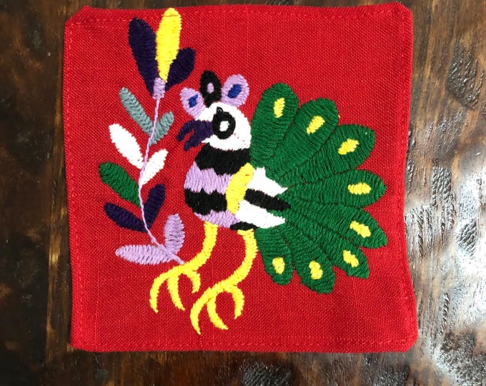 Otomi hand embroidered muslin coaster/cocktail napkin/frame-able art with multicolor bird design approx.  (4.5” x 4.5”)