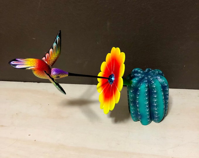 Alebrije Hummingbird and Cactus Flower Handcrafted Wood Carving by Michelle Fuentes from Oaxaca, Mexico.