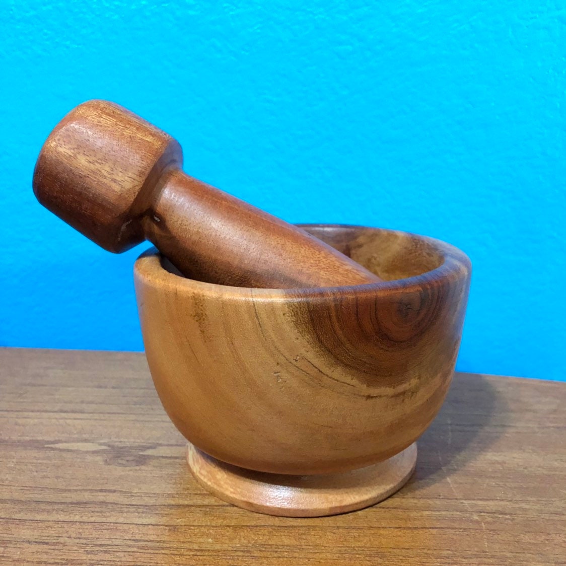 Hand carved wood mortar and pestle made with Guamuchil wood from Mexico