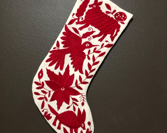 Hand Embroidered Otomi Christmas Stocking: Red Embroidery, Mexican Folk Art