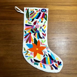 Hand Embroidered Otomi Christmas Stocking: Multicolor Mexican Folk Art