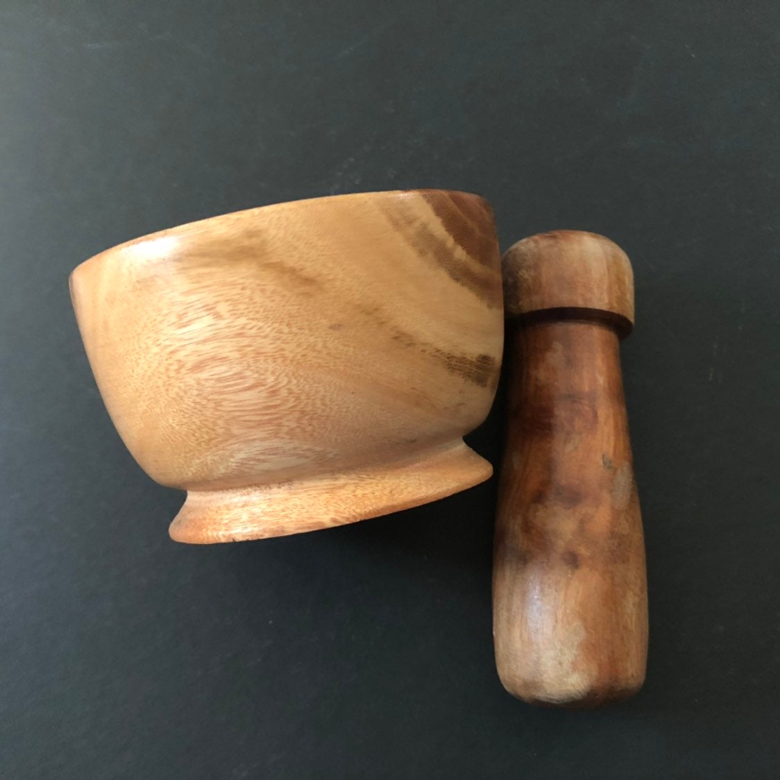 Hand carved wood mortar and pestle made with Guamuchil wood from Mexico