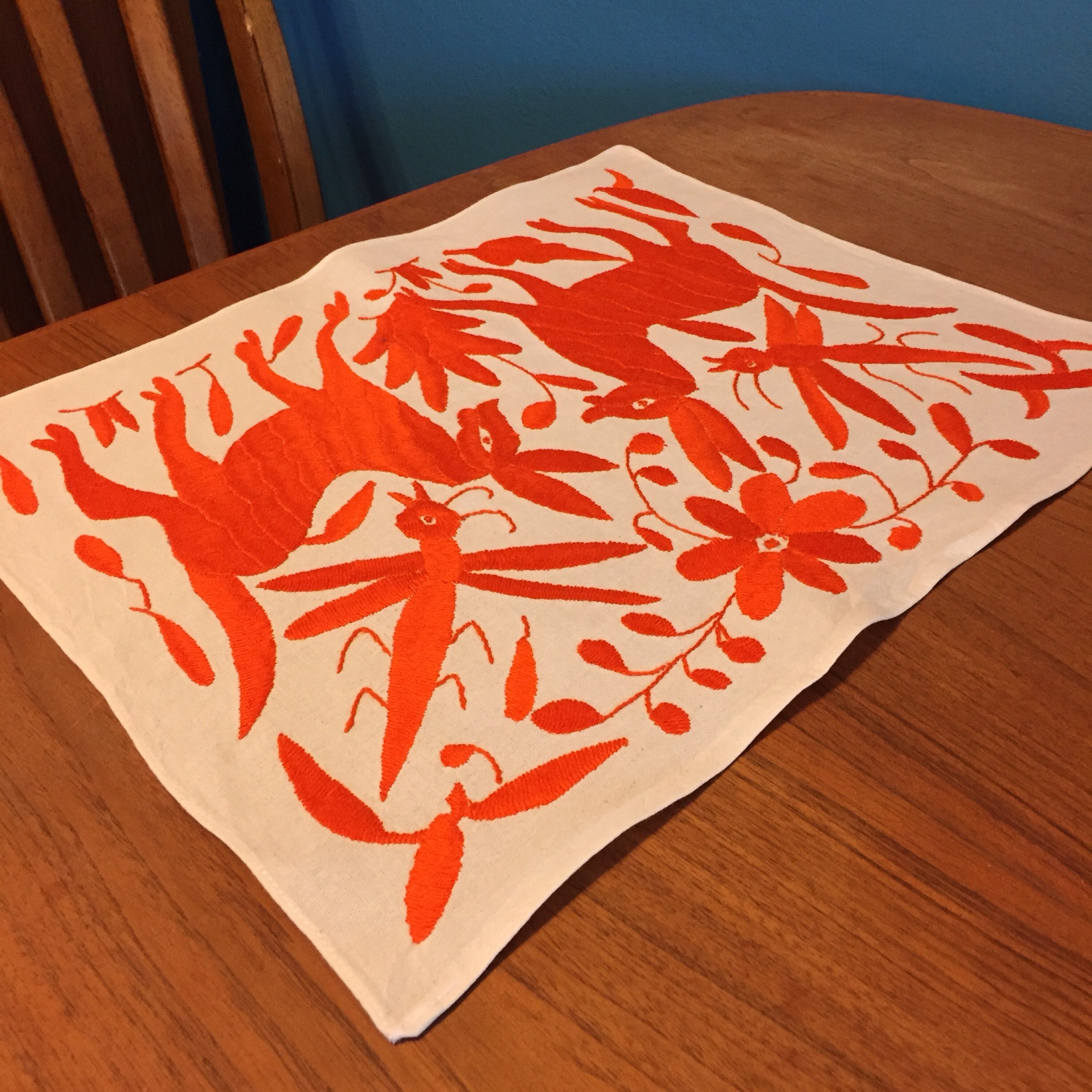 Hand embroidered Otomí placemat (approx.17 x 13) - orange
