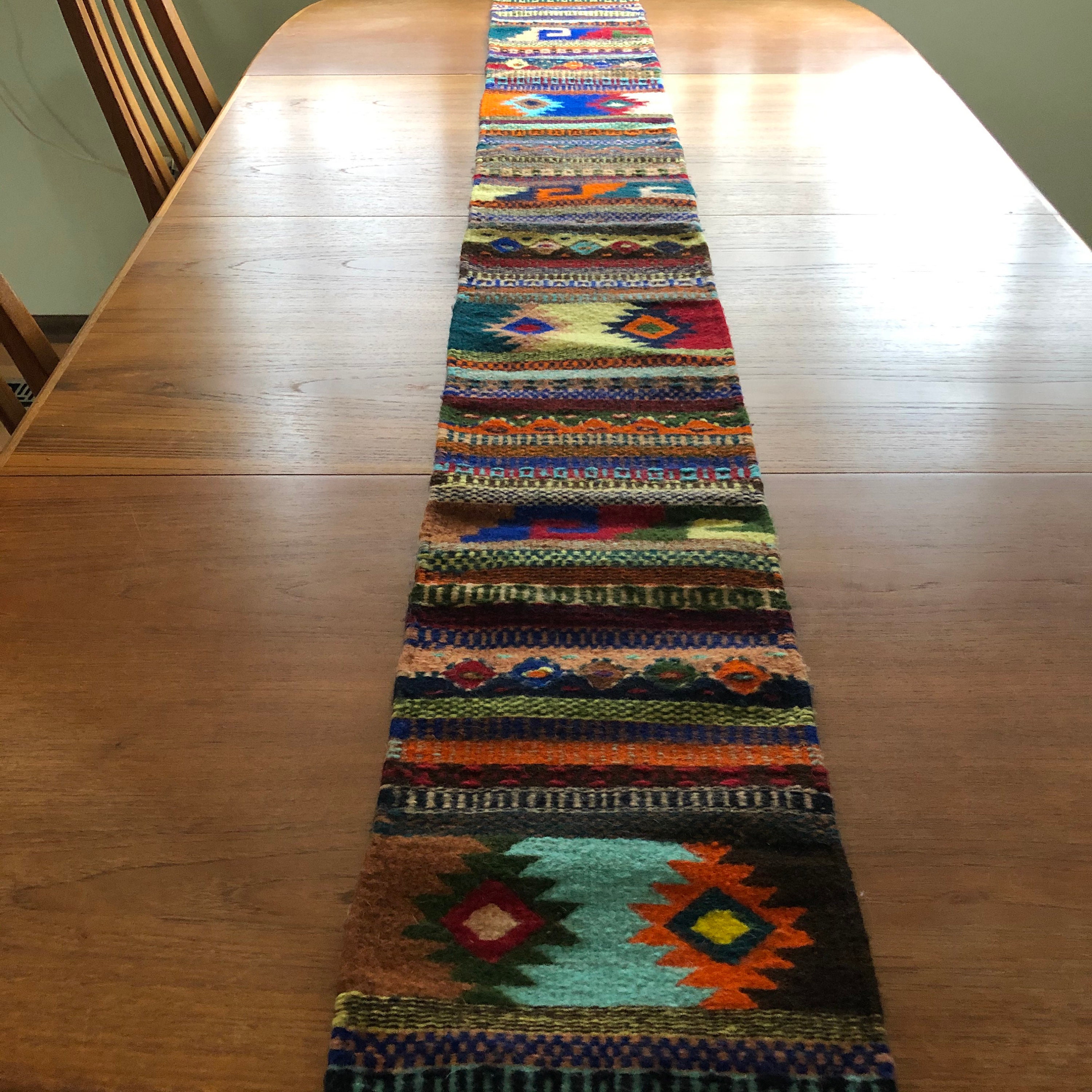 Zapotec hand woven merino wool table runner 81” x 10”