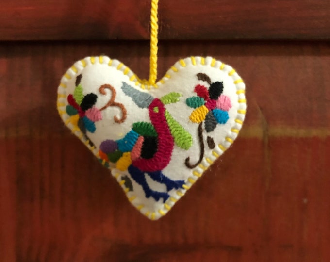 Hand embroidered Otomi heart ornament from Hidalgo, Mexico.