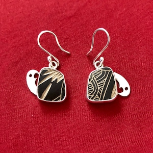 One of a Kind Mata Ortiz Silver Earrings - unique pottery shards set in .950 pure silver handcrafted settings
