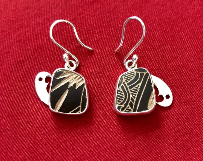 One of a Kind Mata Ortiz Silver Earrings - unique pottery shards set in .950 pure silver handcrafted settings