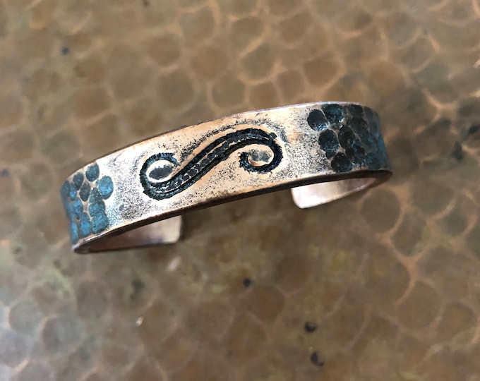 Hand Hammered Copper Cuff Bracelet with Turquoise Patina and Swirl