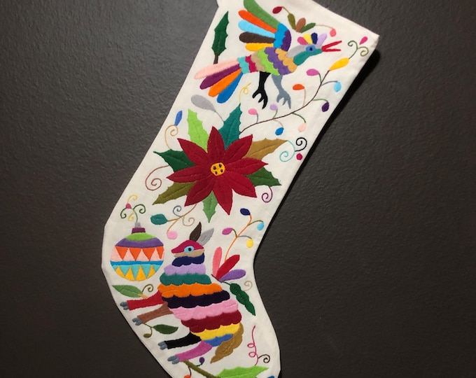 Hand Embroidered Otomi Christmas Stocking: Multicolor Embroidery Animals and Flowers