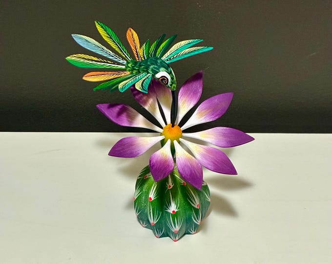 Handcrafted Alebrije Flowering Cactus with Hummingbird Woodcarving from Oaxaca, Mexico