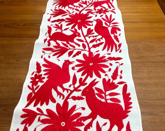 Otomi Hand Embroidered Table Runner /Bed Scarf /  Frame-able Art with Scarlet Red Embroidery (approx. 74" x 17")