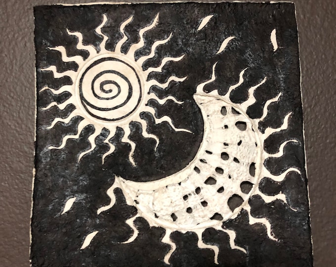 Handmade Amate Paper Wall Art  8” x 8” with Sun and Moon
